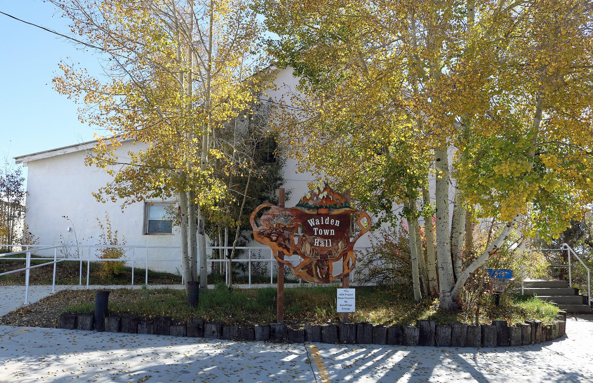 A wooden sign that reads Walden Town Hall sandwiched between two groups of birch trees, in the foreground of a white building. A makeshift sign is visible in front of them that reads 